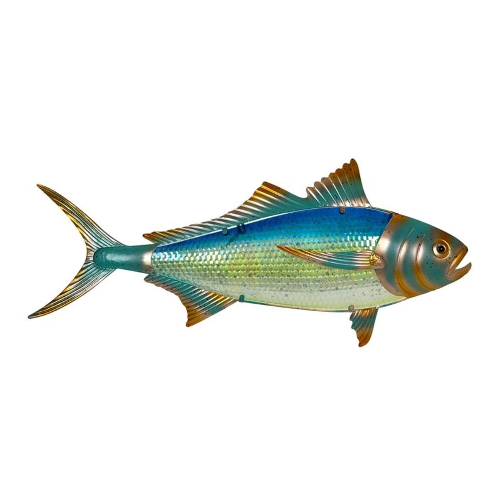 Tuna Fish Wall Sculpture 36 Inch Metal and Glass Iridescent Coastal Decor